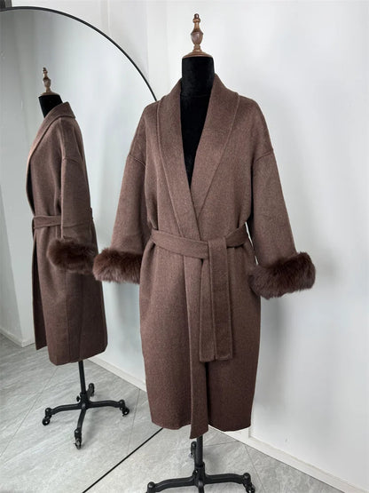 Elegant Fox Fur Wool Overcoat For Women – Short Double-Sided Wool Coat 2025