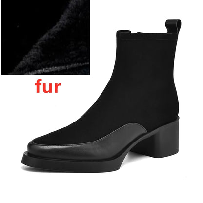 Genuine Leather Chunky High Heel Short Boots Pointed Toe Women