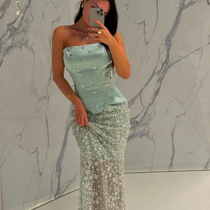 Elegant Green Beaded Mermaid Prom Dress – Custom Strapless Pearl-Detail Evening Gown