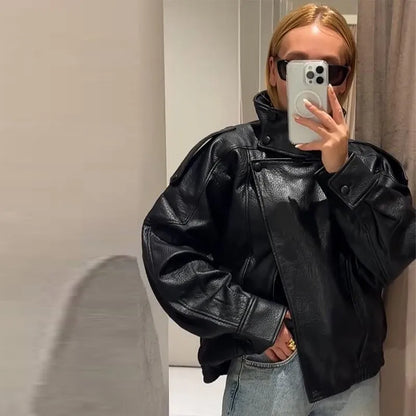 Stand Collar Leather Jacket For Women – Double Button High Street