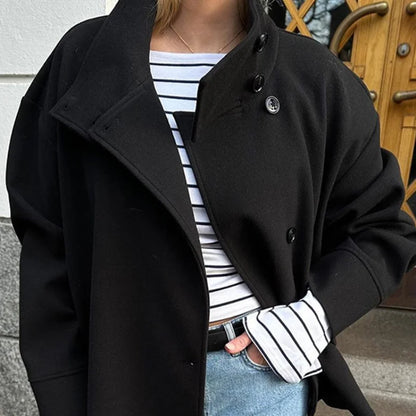 Urban Black Wool Blend Coat – Stand Collar Warm Jacket 2025