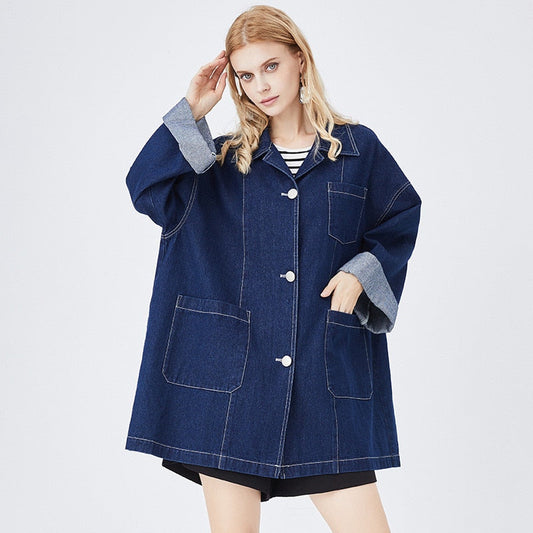 New design feeling loose straight jacket Women's retro casual blue denim jacket