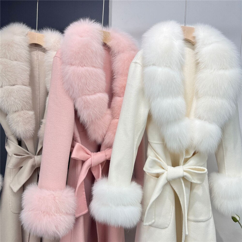  New X-long Cashmere Wool Blends Women Real Fur Coat Jacket Female Lady Wool Blends Fox Fur Collar Coats Jackets Long Trench -  - DYAVOR® 