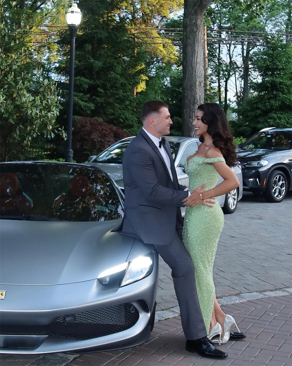 Elegant Green Off-Shoulder Sequin Mermaid Prom Dress – Custom Sweep-Train Evening Gown