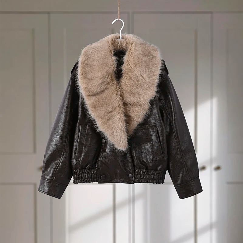 Women’s Double-Breasted Leather Jacket with Detachable Fur Collar