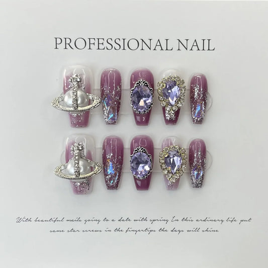 10Pcs Purple Ballerina Handmade Press On Nails Diamonds Wearable False Nails Decoration Rhinestones Full Cover Fake Nails Tips