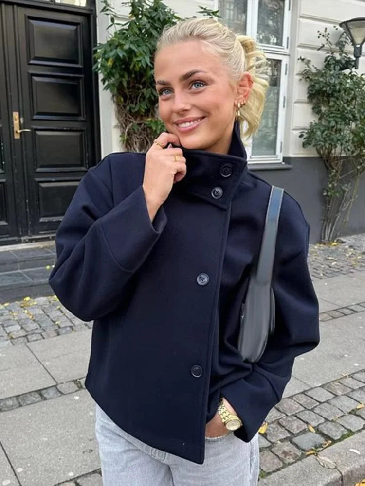 Urban Black Wool Blend Coat – Stand Collar Warm Jacket 2025