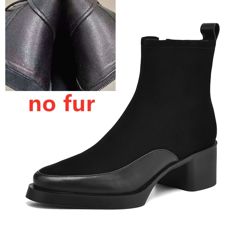 Genuine Leather Chunky High Heel Short Boots Pointed Toe Women