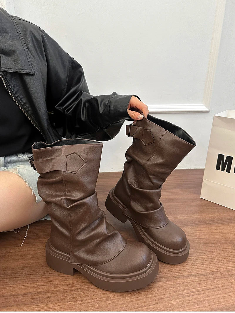 Western Cowboy Booties Thick Heel Pleated Slip-On Designer Trendy Streetwear Women