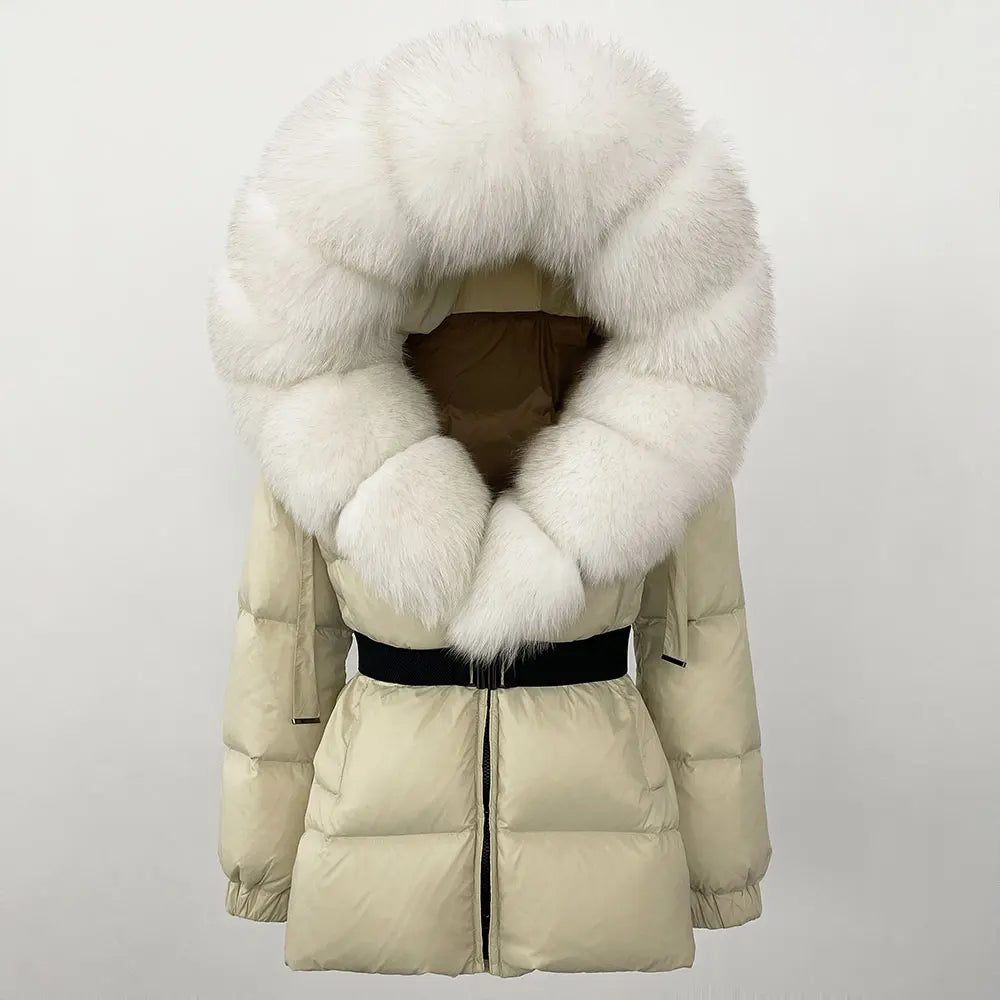 Luxury Down Puffer Jacket with Real Fox Fur Hood – Thick Waterproof Winter Parka for Women