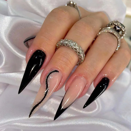  24Pcs Frosting False Nail almond with Golden Glitter Designs French Rhinestone Manicure Stiletto Fake Nails Set Press on Nails -  - DYAVOR® 