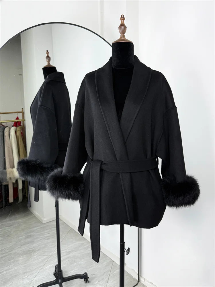 Elegant Fox Fur Wool Overcoat For Women – Short Double-Sided Wool Coat 2025