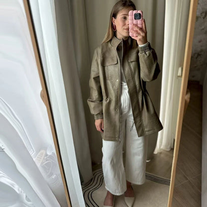 Fall Fashion Faux Leather Jacket with Adjustable Elastic Waist – Trendy Autumn Outerwear Women