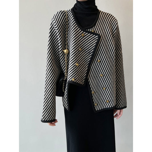 Striped small fragrant jacket Women's new Korean double-breasted jacket for spring 2023