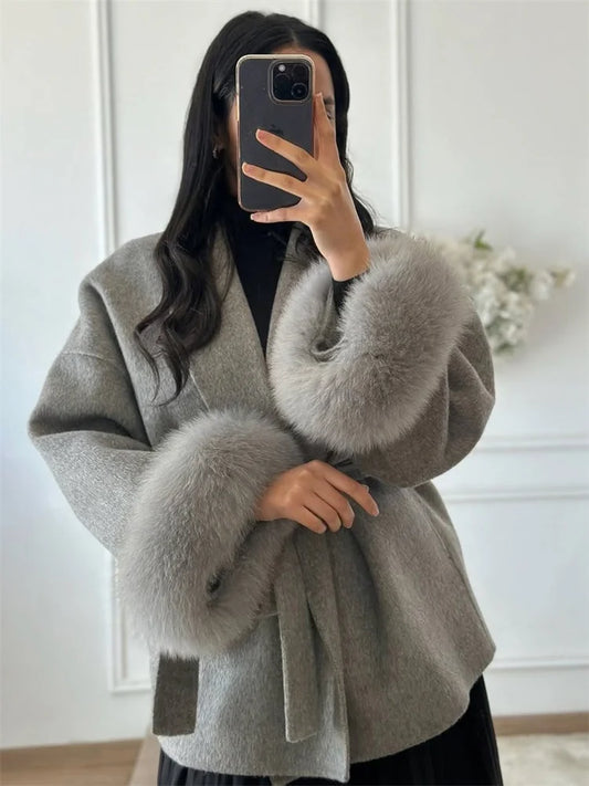 Elegant Fox Fur Wool Overcoat For Women – Short Double-Sided Wool Coat 2025