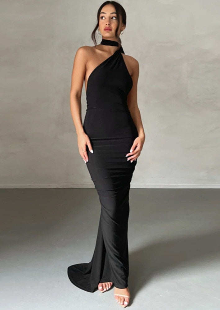  Draped Black Maxi Dress with Asymmetrical Neckline -  - DYAVOR® 