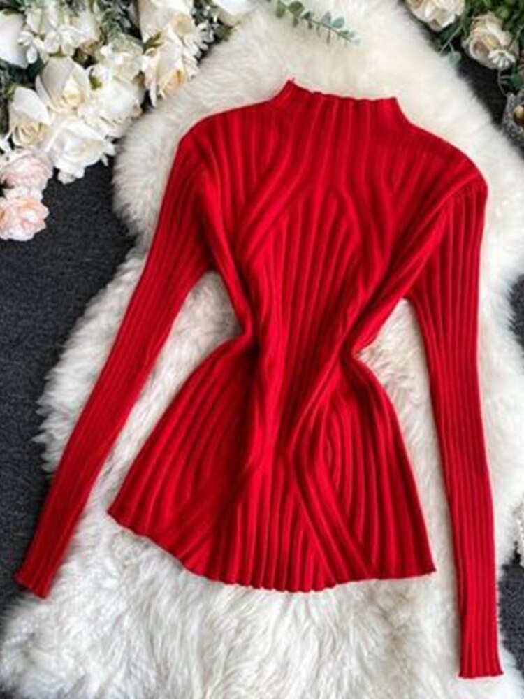 Semi-turtleneck Knitted Bottoming Shirt Long Sleeve Shirt Autumn Winter New Tight Pit Sweater Pullover for Women Sweater Women