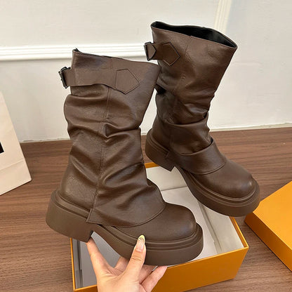 Western Cowboy Booties Thick Heel Pleated Slip-On Designer Trendy Streetwear Women