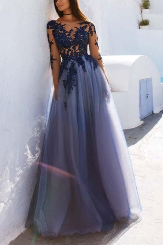  Gabrielle | Sexy Long Sleeves Blue Lace Open Back Prom Dresses Evening Dresses - Prom Dress - DYAVOR® 