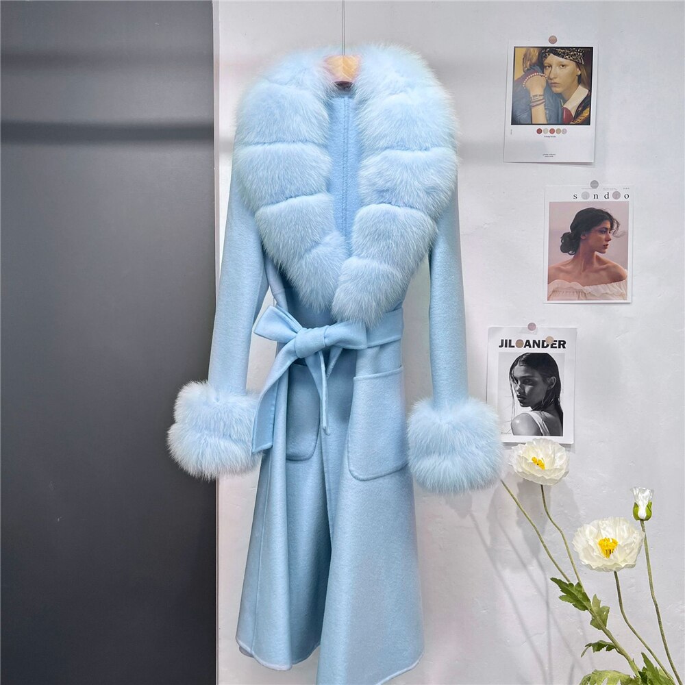  New X-long Cashmere Wool Blends Women Real Fur Coat Jacket Female Lady Wool Blends Fox Fur Collar Coats Jackets Long Trench -  - DYAVOR® 