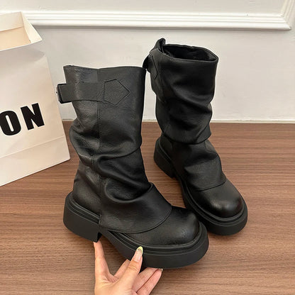 Western Cowboy Booties Thick Heel Pleated Slip-On Designer Trendy Streetwear Women