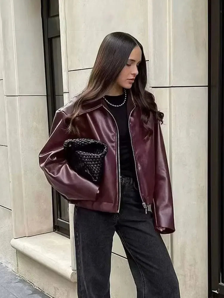 Wine Red Faux Leather Jacket – Autumn Winter Streetwear Fashion Outerwear Women