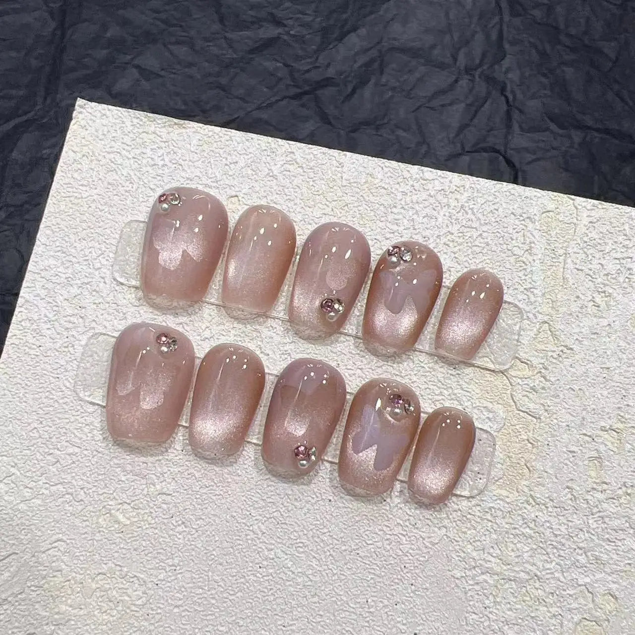  10PCS wearable Crystal cat eye butterfly handmade nail art finished fake nails with glue short ballet press on acrylic nails tip -  - DYAVOR® 