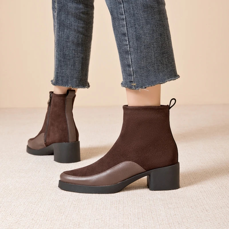 Genuine Leather Chunky High Heel Short Boots Pointed Toe Women