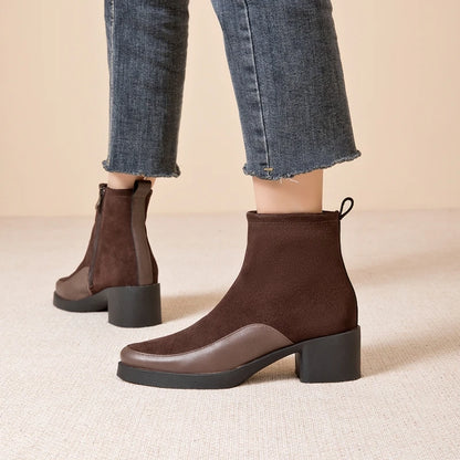 Genuine Leather Chunky High Heel Short Boots Pointed Toe Women