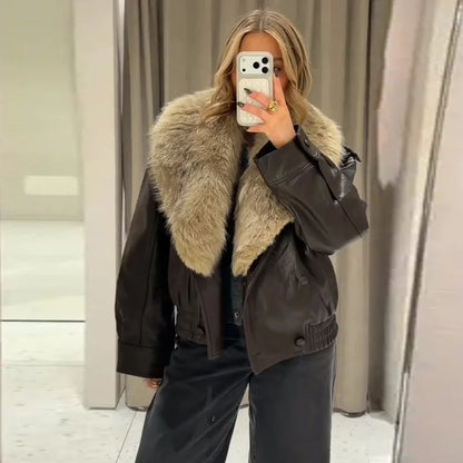 Double-Breasted Leather Jacket with Detachable Fur Collar For Women
