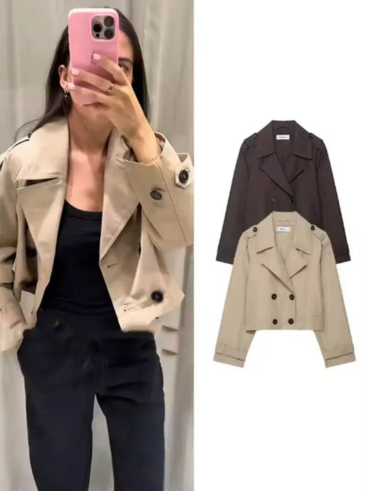 Short Double-Breasted Lapel Trench Coat – Autumn Winter Office Lady Fashion Jacket Women