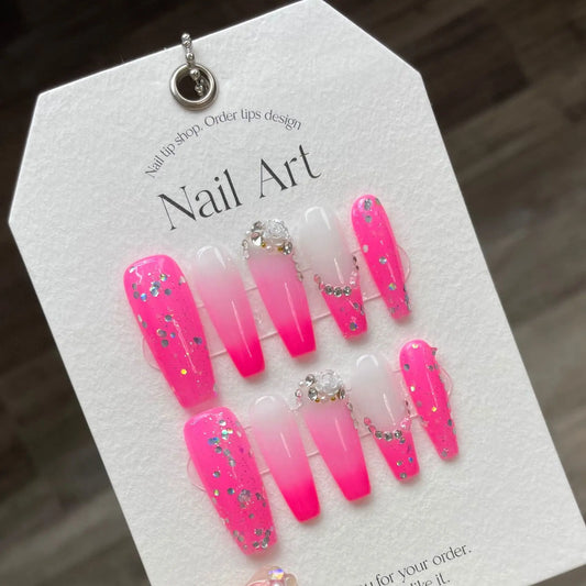  10Pcs Pink Long Ballet Handmade Press On Nails French Rhinestones Wearable False Nails Gradient Decoration Fake Nails Tips Art -  - DYAVOR® 