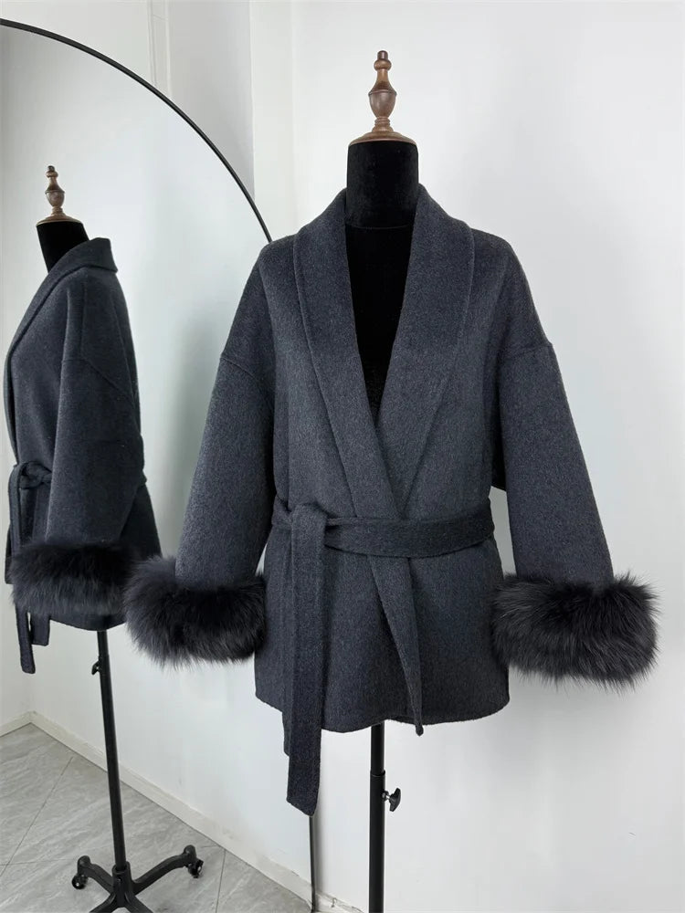 Elegant Fox Fur Wool Overcoat For Women – Short Double-Sided Wool Coat 2025