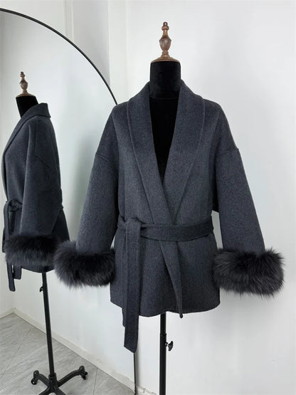 Elegant Fox Fur Wool Overcoat For Women – Short Double-Sided Wool Coat 2025