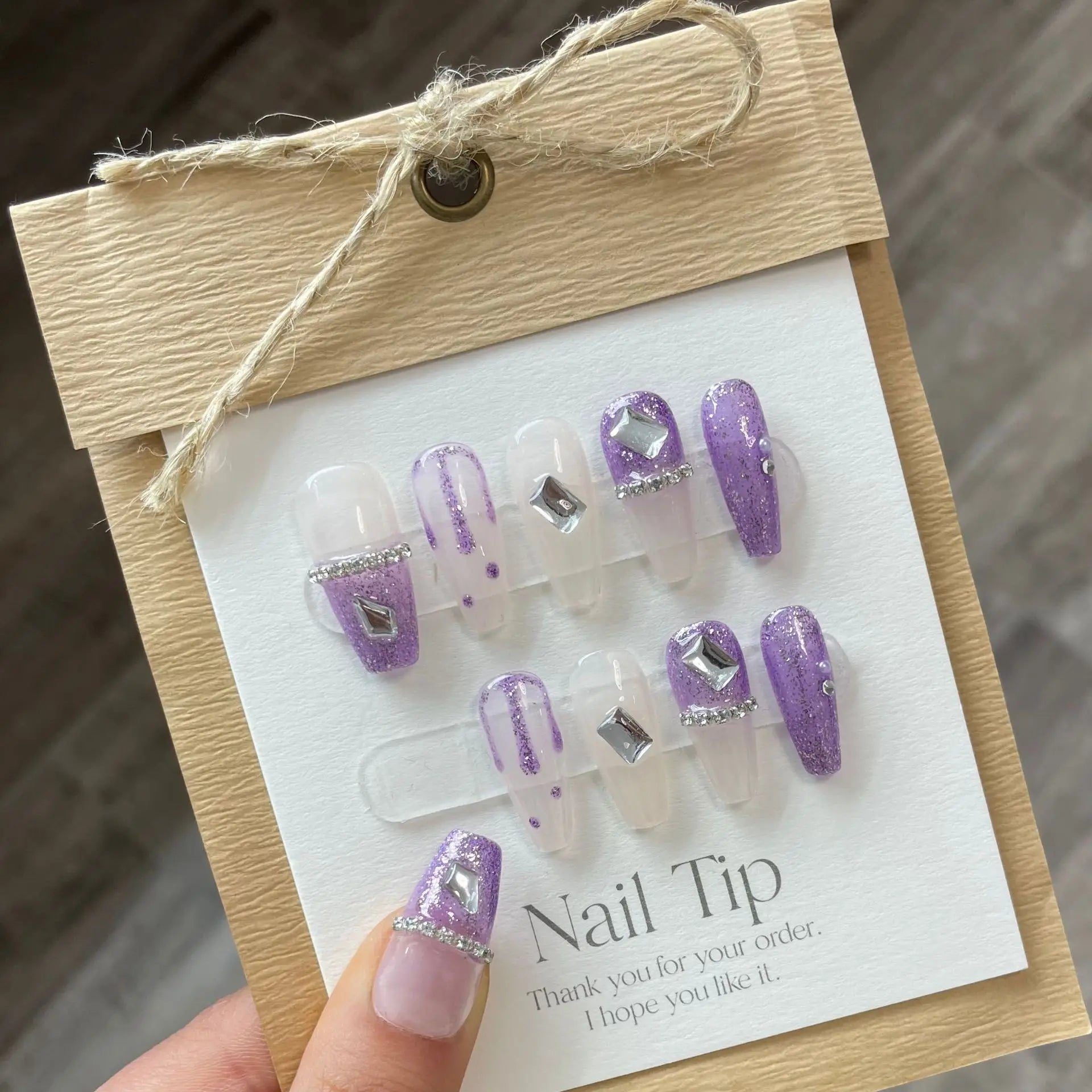 Handmade Purple Press on Nails with Glitter Design Reusable French Fake Nails with Glue Naitifical Fingernail Tips Nail Art Y2k -  - DYAVOR® 