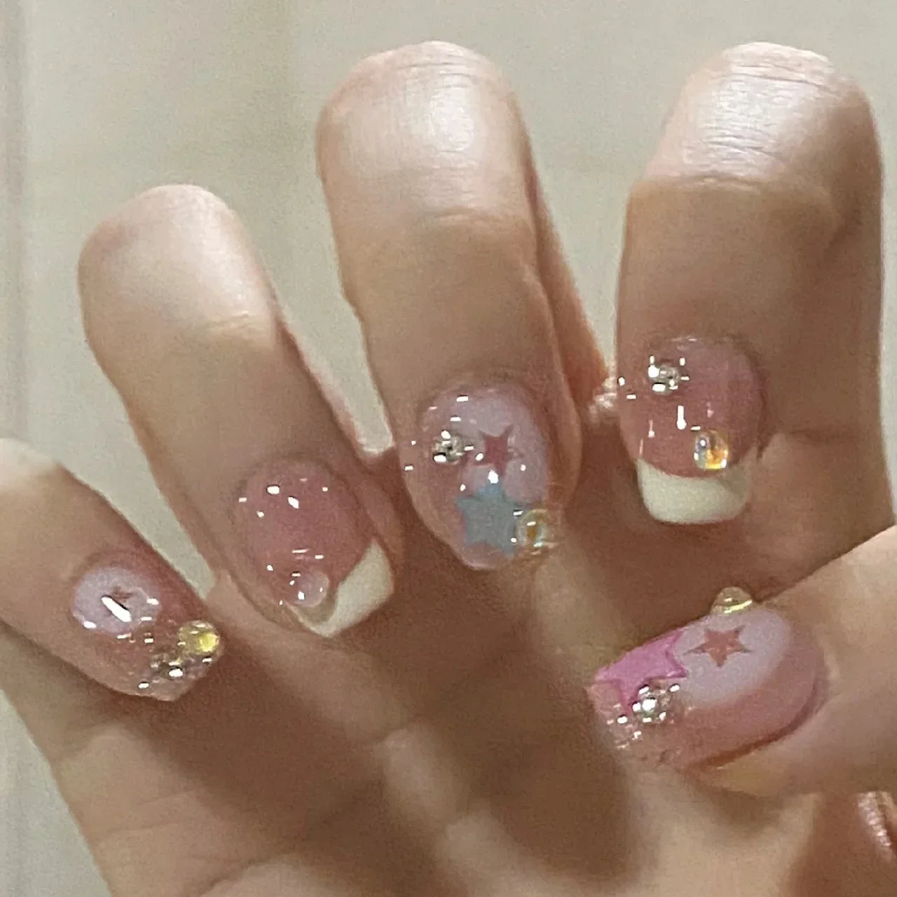  Wearable Silver Stripes Y2k False Nails Long Almond Round Fashion Nail Tips Press On With Silver Beads Designs Fake Nails Art -  - DYAVOR® 