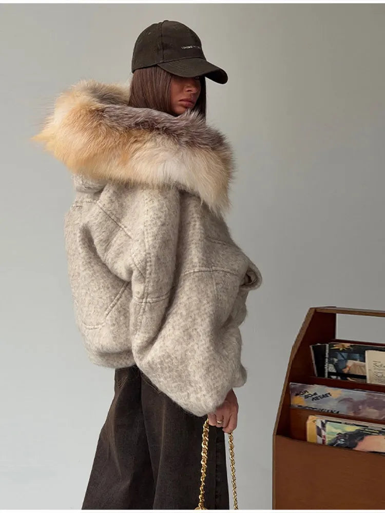 Vintage Thicken Faux Fur Woolen Hooded Pocket Lantern Sleeve Elastic Waist Coat Women