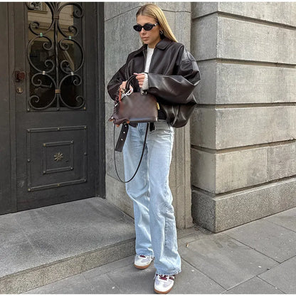 Vintage Leather Bomber Jacket – Zipper Lapel Belted Streetwear Coat for Women