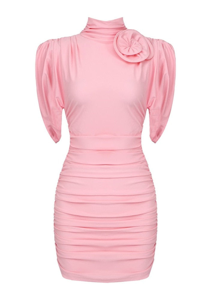  Ruffles Pink Mini Dress with Neck Flower -  - DYAVOR® 