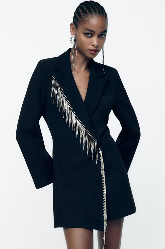  Sparkly Fringe Trim Lapel Collar Long Sleeve Blazer Romper Mini Dress - Black - Romper - DYAVOR® 