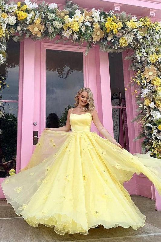  Imani | Straps Tulle Bodice 3D Flowers With Back Lace Up Yellow Prom Dress - Prom Dress - DYAVOR® 