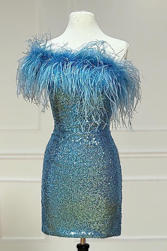  Florence | Light Blue Sparkly Tight Sequins Homecoming Dress with Feathers - Prom Dress - DYAVOR® 