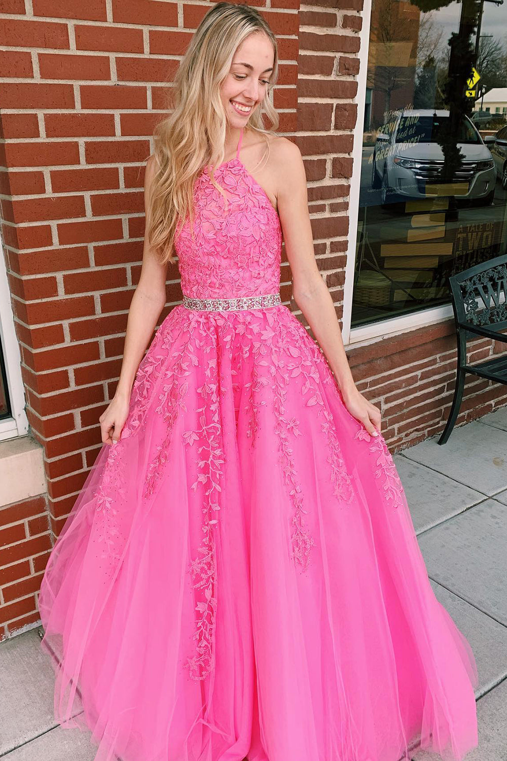  Nyla |A-line Hot Pink Halter Tulle Prom Dress With Appliques - Prom Dress - DYAVOR® 