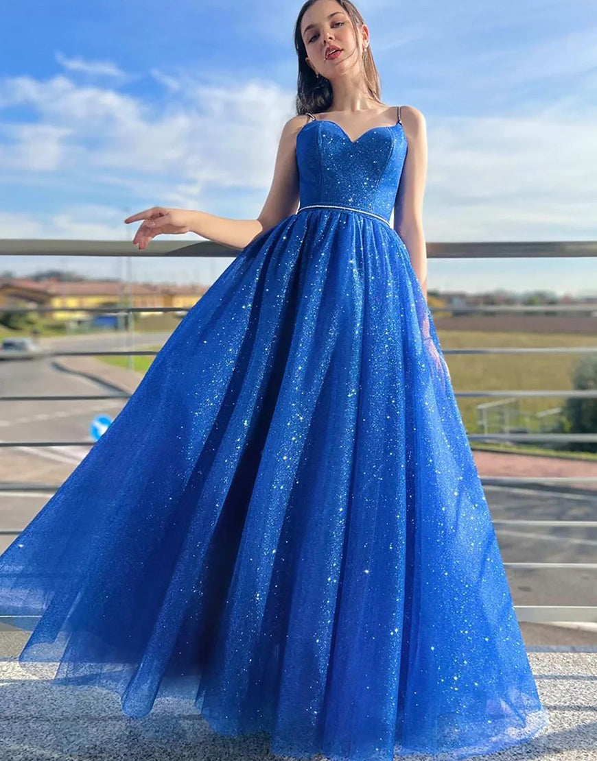  Tracy | Royal Blue Sparkly A Line Spaghetti Straps Long Prom Dress - Prom Dress - DYAVOR® 