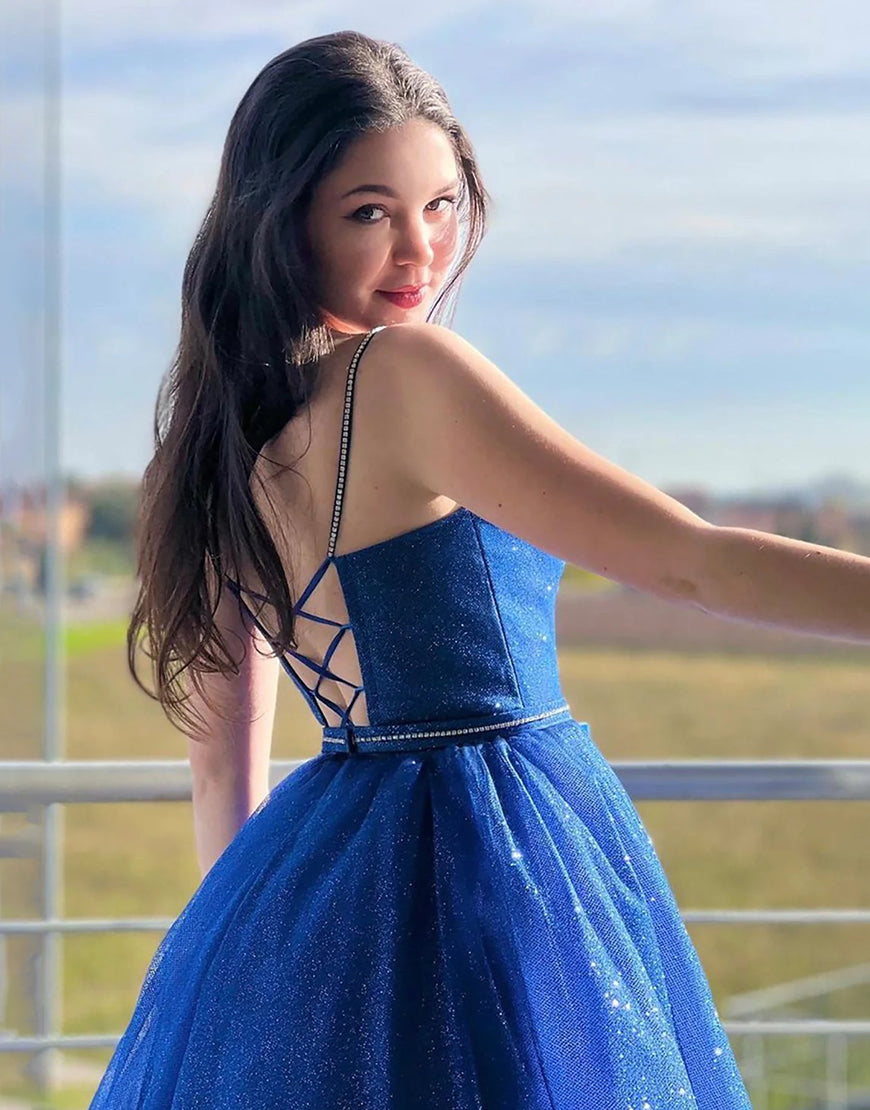  Tracy | Royal Blue Sparkly A Line Spaghetti Straps Long Prom Dress - Prom Dress - DYAVOR® 