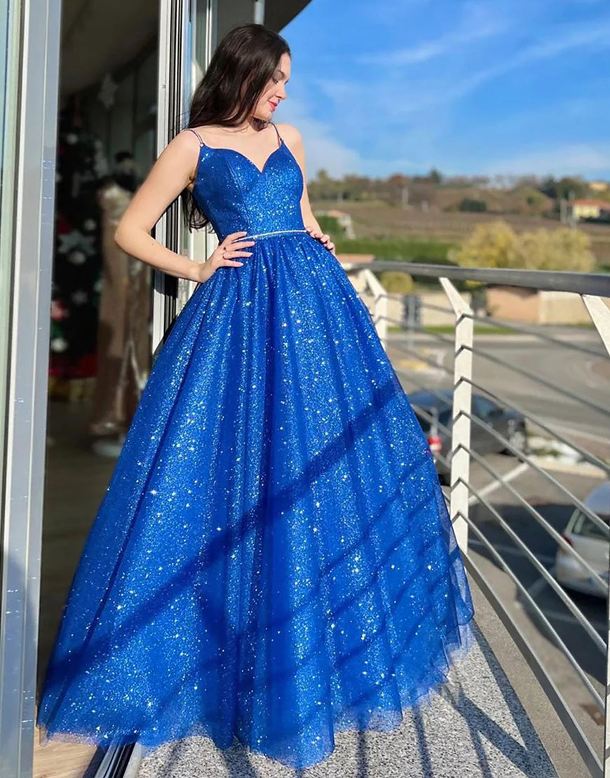  Tracy | Royal Blue Sparkly A Line Spaghetti Straps Long Prom Dress - Prom Dress - DYAVOR® 