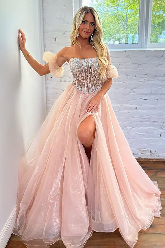 Brianna |A Line Strapless Blush Corset Organza Prom Dress