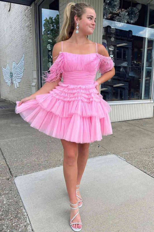  Thea |A Line Pink Glitter Tulle Homecoming Dress with Feather - Homecoming Dress - DYAVOR® 