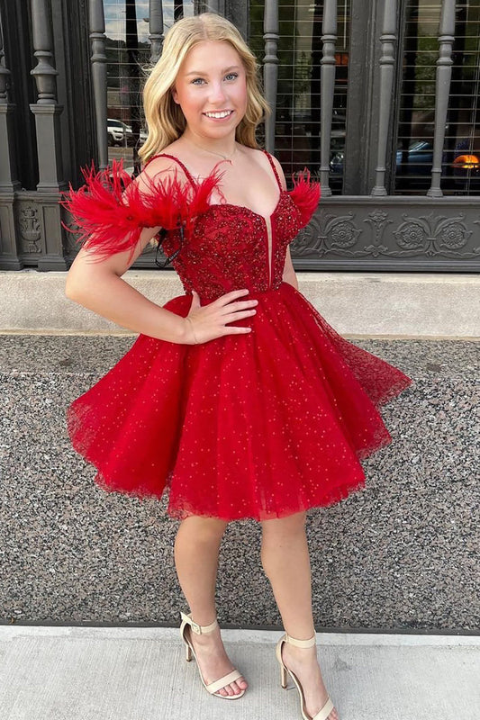  Anna |A Line Sparkling Tulle Corset Homecoming Dress with Feathers - Homecoming Dress - DYAVOR® 
