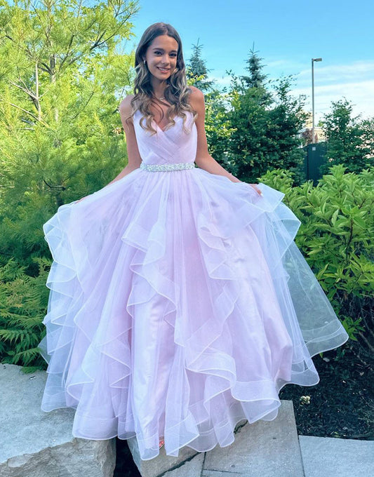  Salem |A-Line V-Neck Ruffled Tulle Prom Dress With Belt - Prom Dress - DYAVOR® 